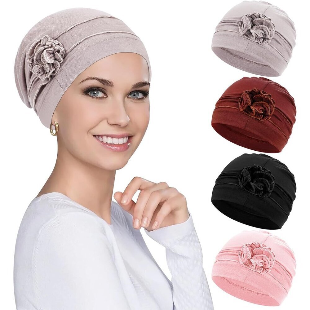 Chemo Headwear Turban Caps 4 Colors Cotton Elastic Hair Coverings for Women